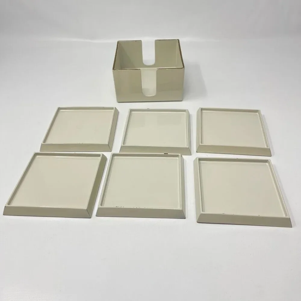 MCM Georges Briard Square Cream Gold Lacquer Ware Set of 6 Coasters Holder Japan